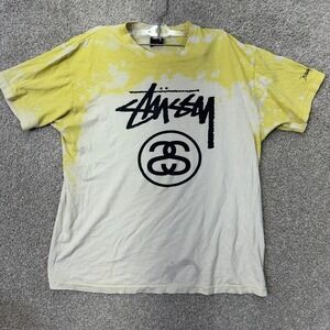 Stussy T-Shirt Mens Large Yellow Bleach Wash Increase The Peace Logo Graphic Tee